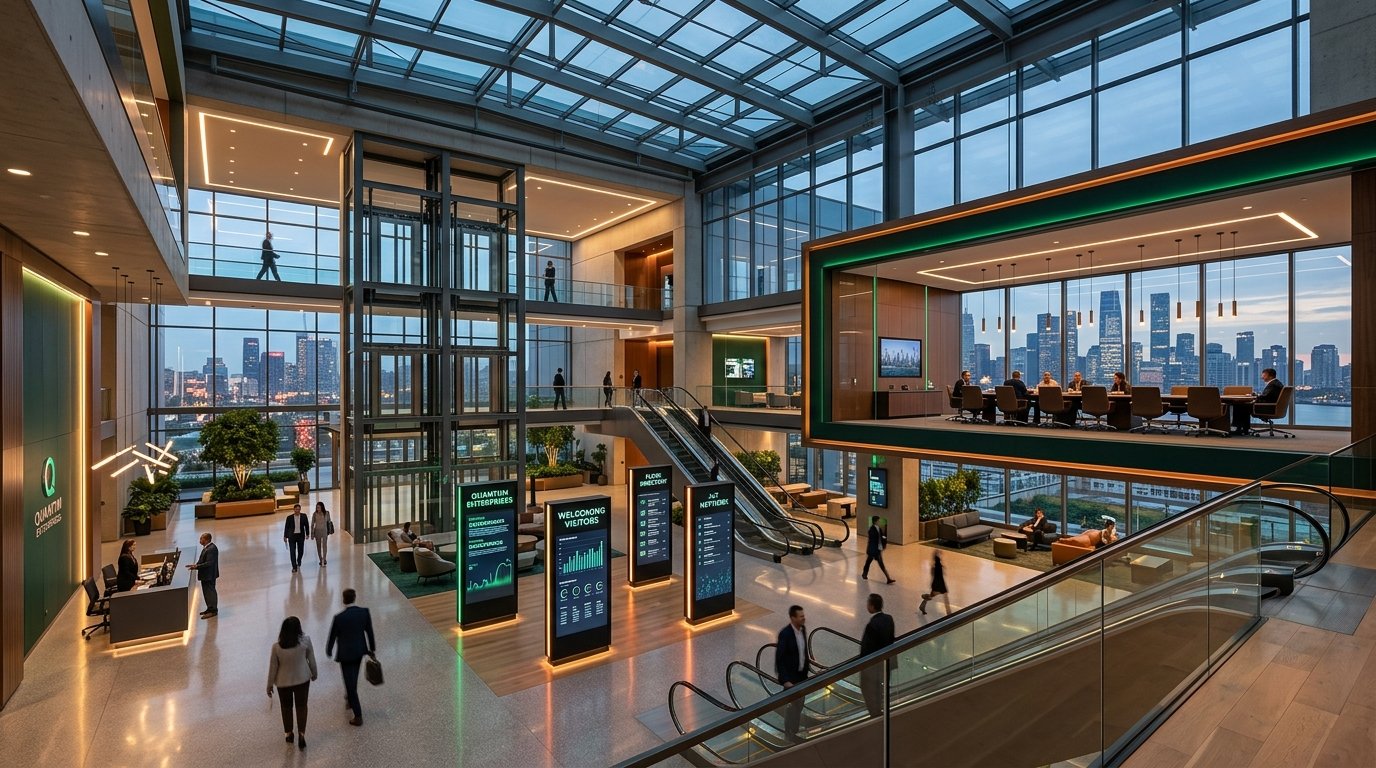 Sophisticated Corporate Headquarters Atrium with Integrated Smart Building IoT Network